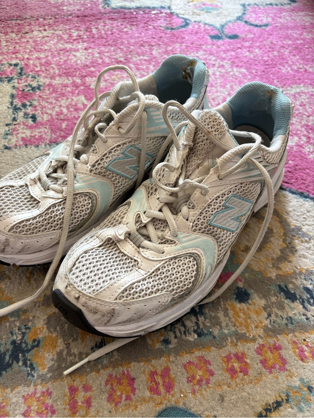 New Balance White and Light Blue Mesh Athletic Sneakers
